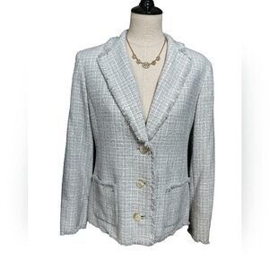 2013)Vintage Jones New York Gray Tweed  3-button Blazer with Fringe Trim Size 10